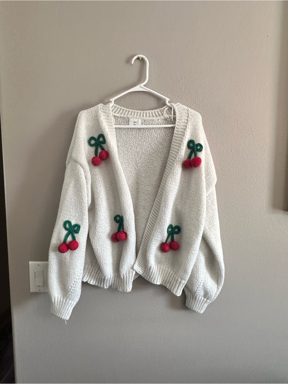 White Cherry Appliqué Open-Front Women's Cardigan Sweater